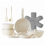 Redchef keramische pannenset met afneembare handgreep, 16-delig.Pannen Afneembare handgreep Inductie, ruimtebesparend kookgerei (PTFE-vrij PFAS-vrij PFOA-vrij), oven- en vaatwasmachinebestendig(Beige)