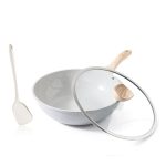 Kordisen Keramische Wok 30 cm, Inductie Wok met Deksel, Antiaanbaklaag, Geschikt voor Alle Kookplaten, PFOA en PFAS Vrij (Grijs)