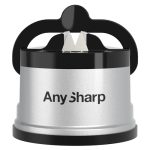 AnySharp Messenslijper, Handsfree Veiligheid, PowerGrip Zuigkracht, Veilig Slijpen van Alle Keukenmessen, Ideaal voor Gehard Staal & Kartel, Compact, Zilver