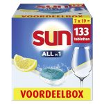 Sun All-in 1 Citroen Vaatwastabletten, schoonmaakmiddel met verbeterde formule 100% effectief op meer dan 99 hardnekkige vlekken, 7 x 19 tabletten, Voordeelverpakking, Huidige Versie